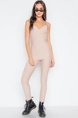 Beige Pinstripe V-neck Skinny Leg Jumpsuit