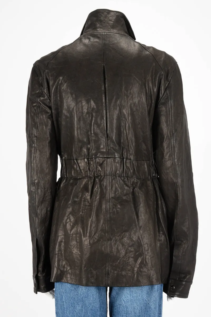 Chanel Black Washed Leather Zip Front Jacket FR 44