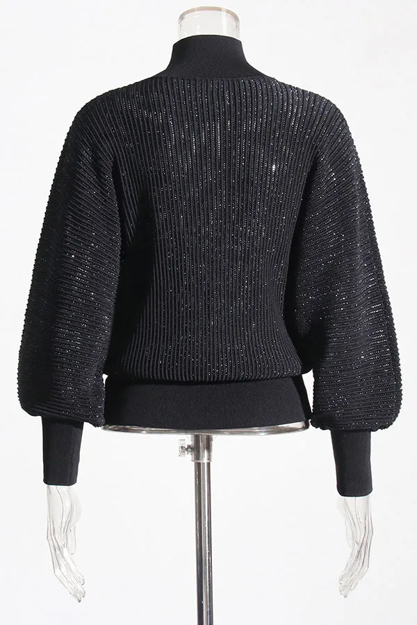 Chic High Neck Glitter Pleated Sweater