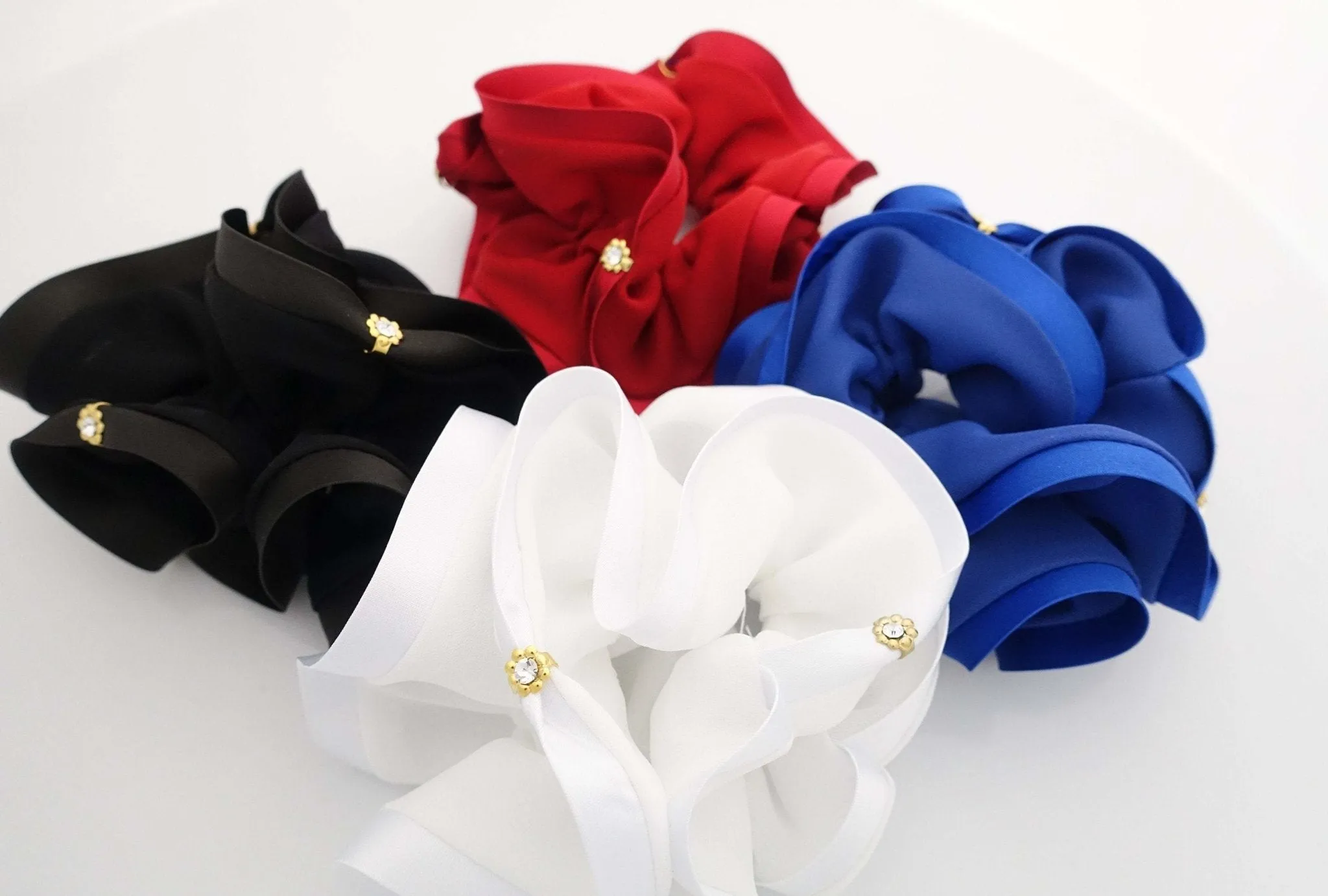 chiffon scrunchies satin trim dazzling rhinestone decorated hair elastic scrunchy women hair accessory