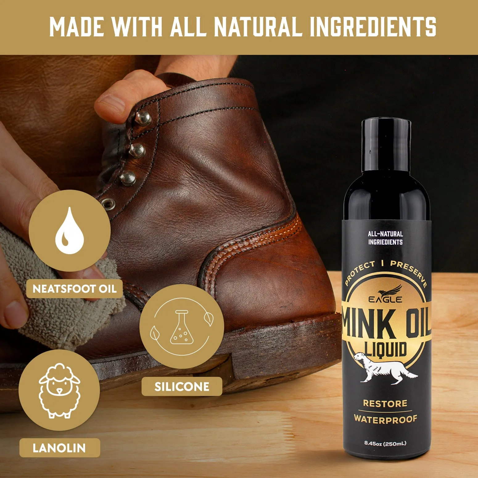 Eagle Mink Oil Leather Conditioner, 8oz - Includes Cloth Applicator, Softens, Preserves, Waterproofs Leather and Vinyl.