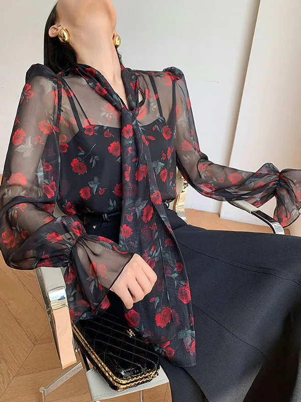 Flared Sleeves Long Sleeves Elasticity Flower Print Mesh Tied V-Neck Blouses&Shirts Tops