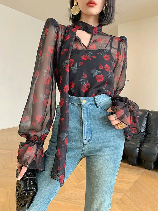 Flared Sleeves Long Sleeves Elasticity Flower Print Mesh Tied V-Neck Blouses&Shirts Tops