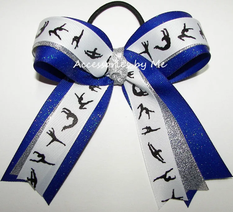 Glitter Gymnastics Royal Blue Silver Ponytail Bow