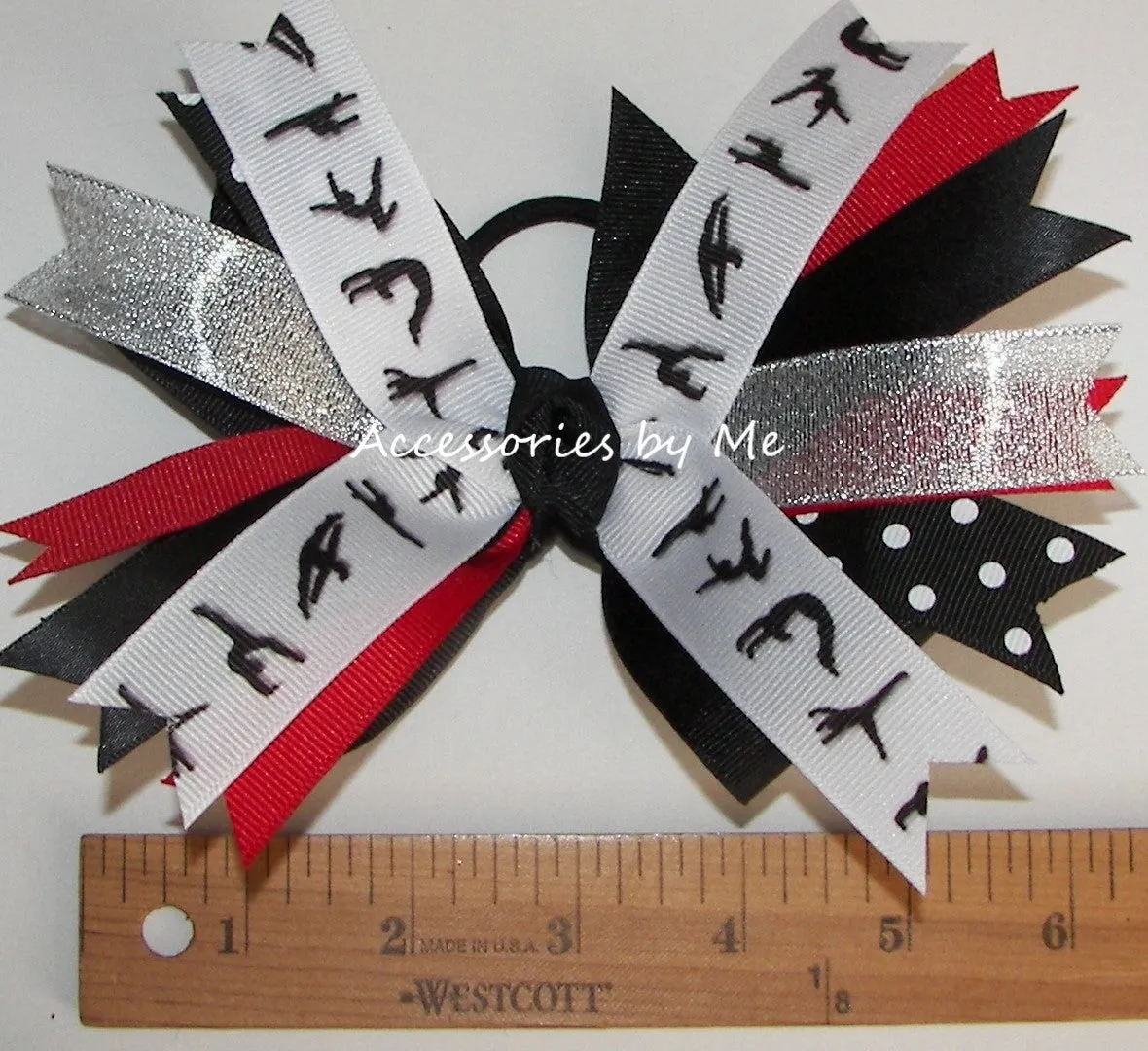 Gymnastics Red Black Silver Pinwheel Bow