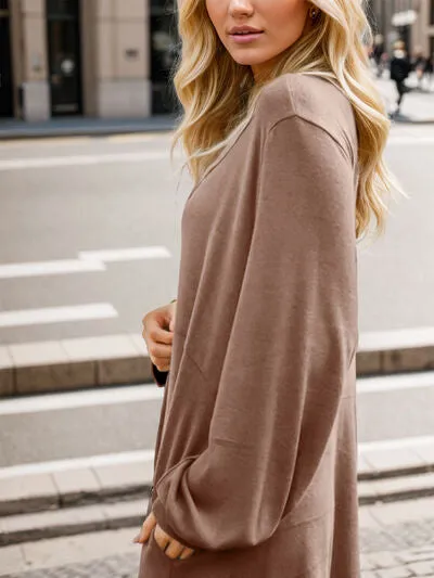 Half Button V-Neck Long Sleeve Dress with Pockets