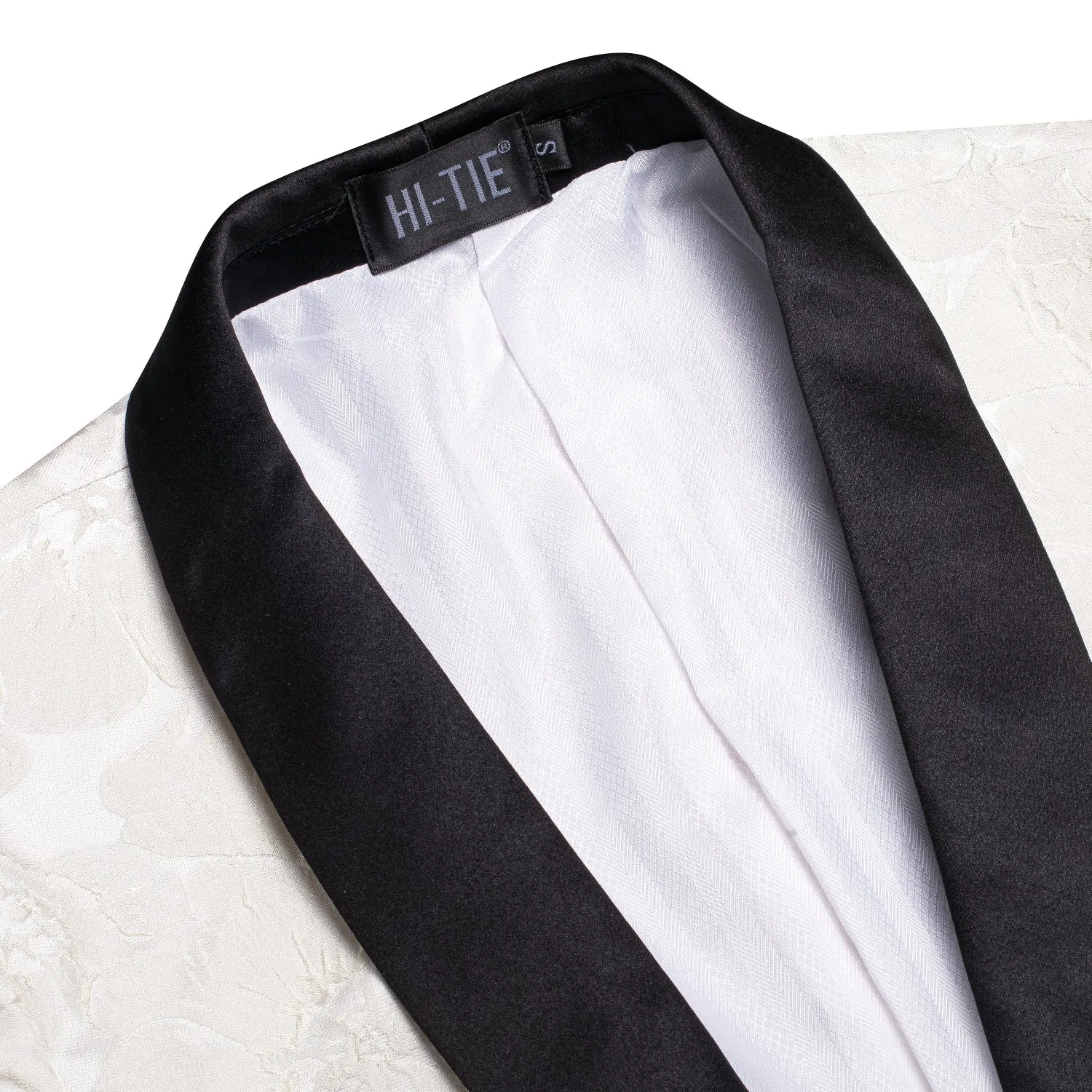 Hi-Tie Black Shawl Lapel Wedding White Suit Pure White Floral Mens Top