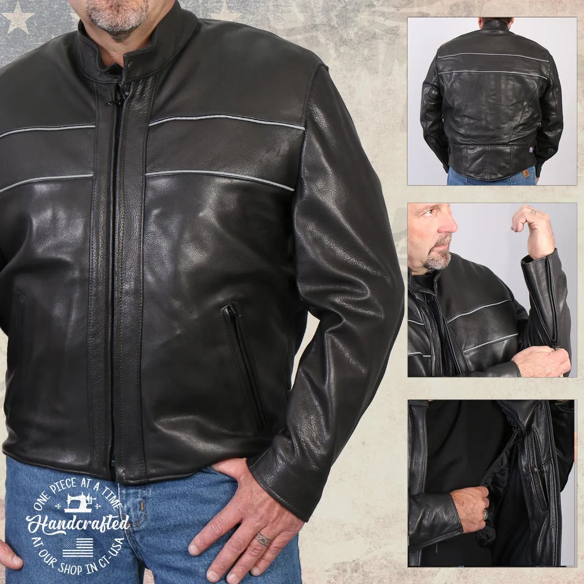 Hot Leathers JKM5003 USA Made Men's 'Echo' Premium Black Leather Motorcycle Jacket with Reflective Piping