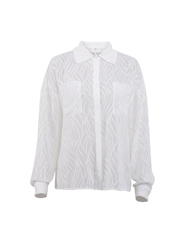 Long Sleeves Loose Buttoned Pockets See-Through Solid Color Split-Joint Lapel Blouses&Shirts Tops