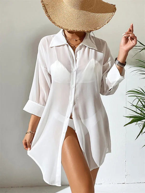 Loose Three-Quarter Sleeves Buttoned See-Through Solid Color Split-Joint Lapel Blouses&Shirts Tops