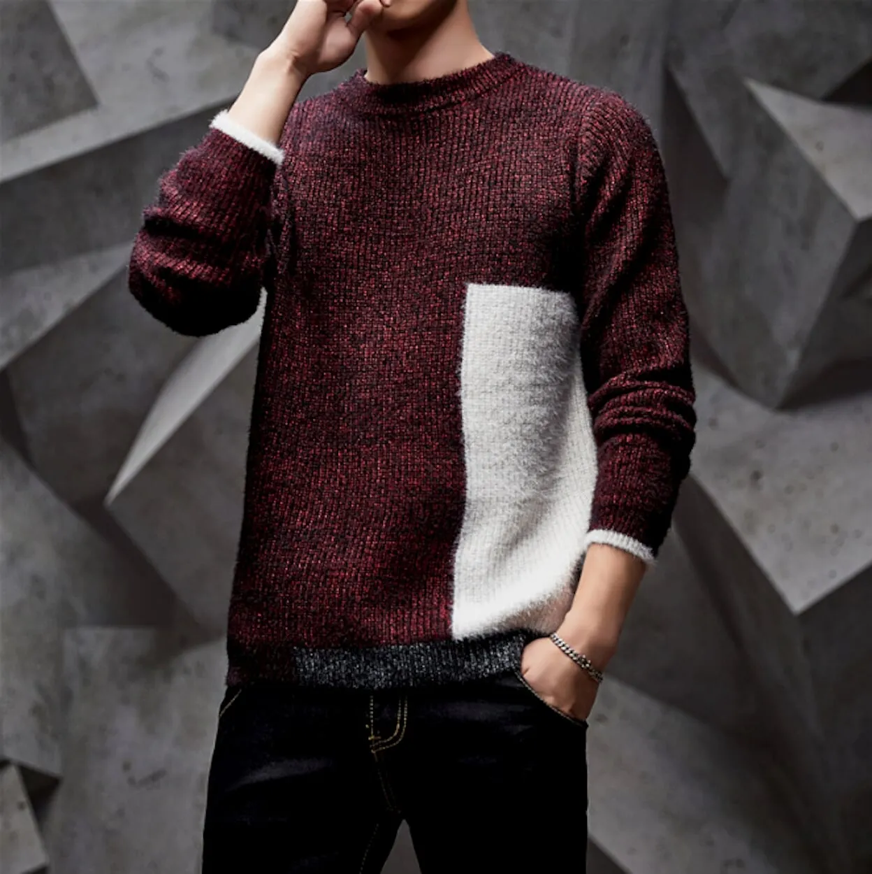 Mens Round Neck Color Block Sweater