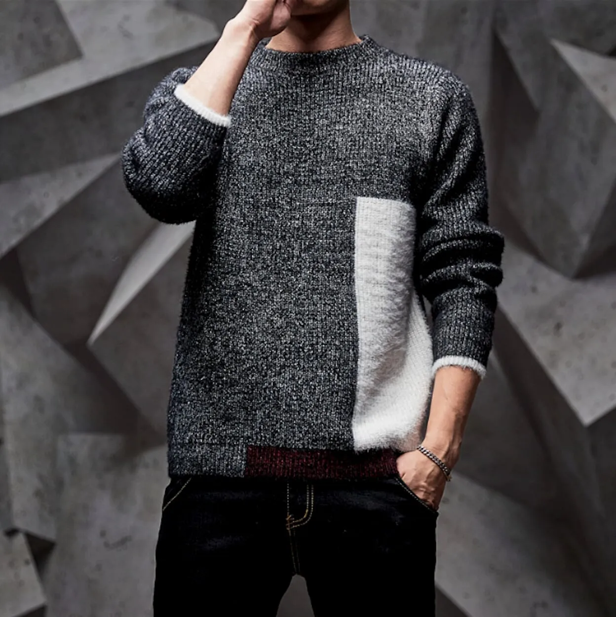 Mens Round Neck Color Block Sweater