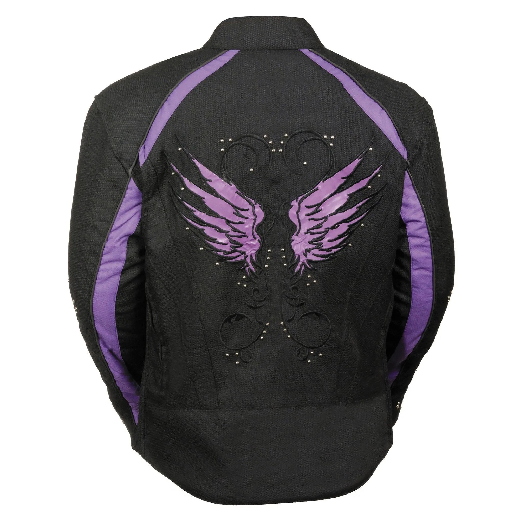 Milwaukee Leather SH1954 Women's Black and Purple Textile Jacket with Stud and Wings Detailing