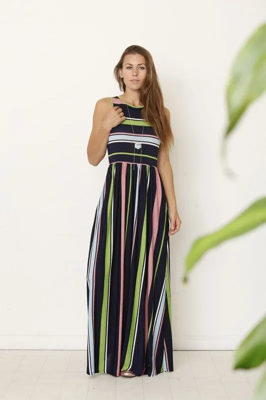 Multi color stripe maxi dress with hidden pocket