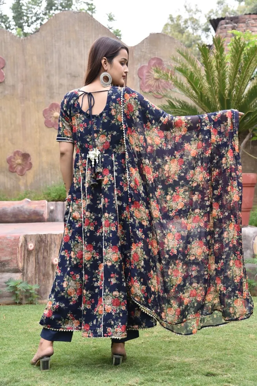 Peacock Blue Floral Chiffon Silk Anarakali Set