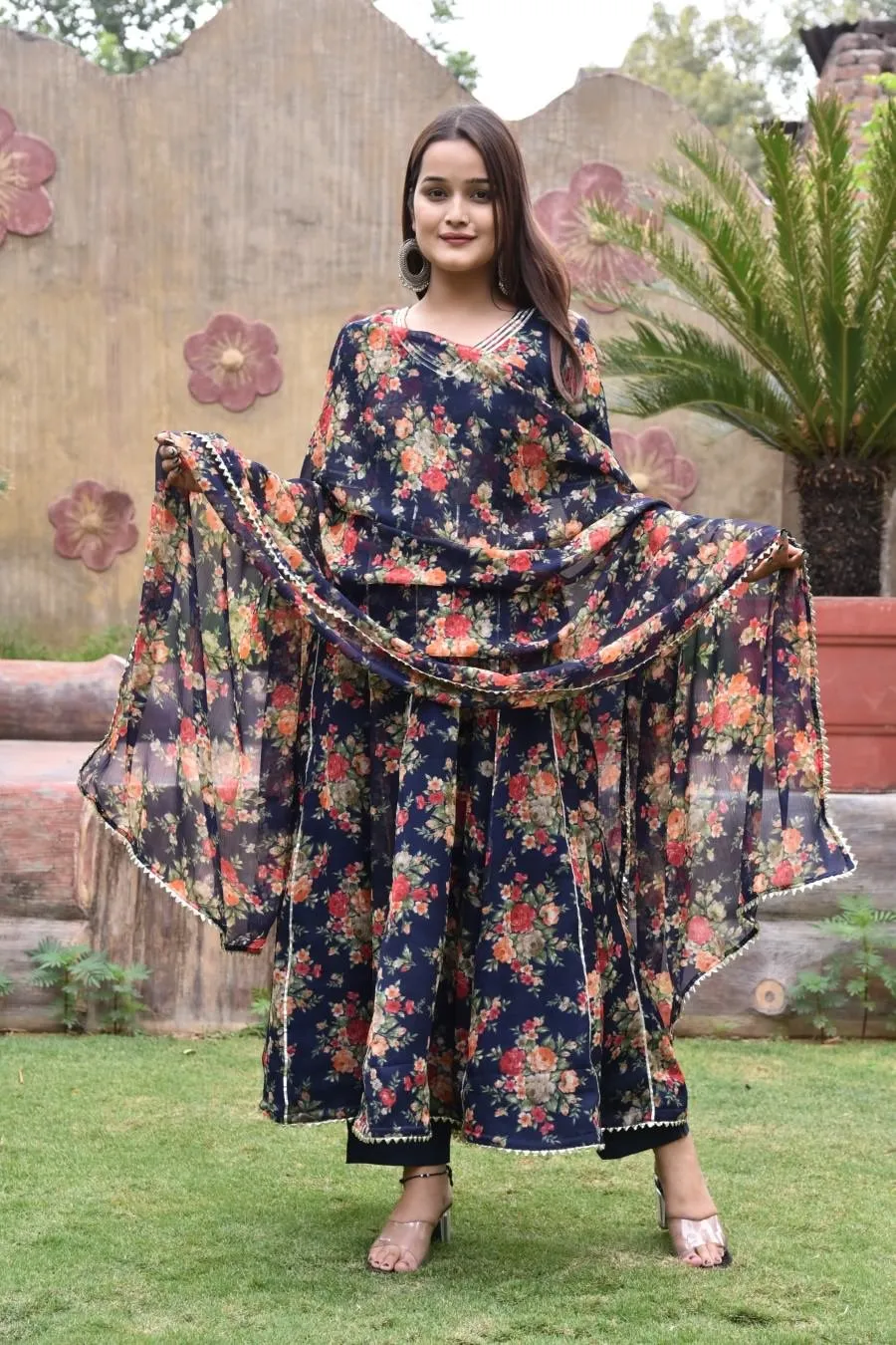 Peacock Blue Floral Chiffon Silk Anarakali Set