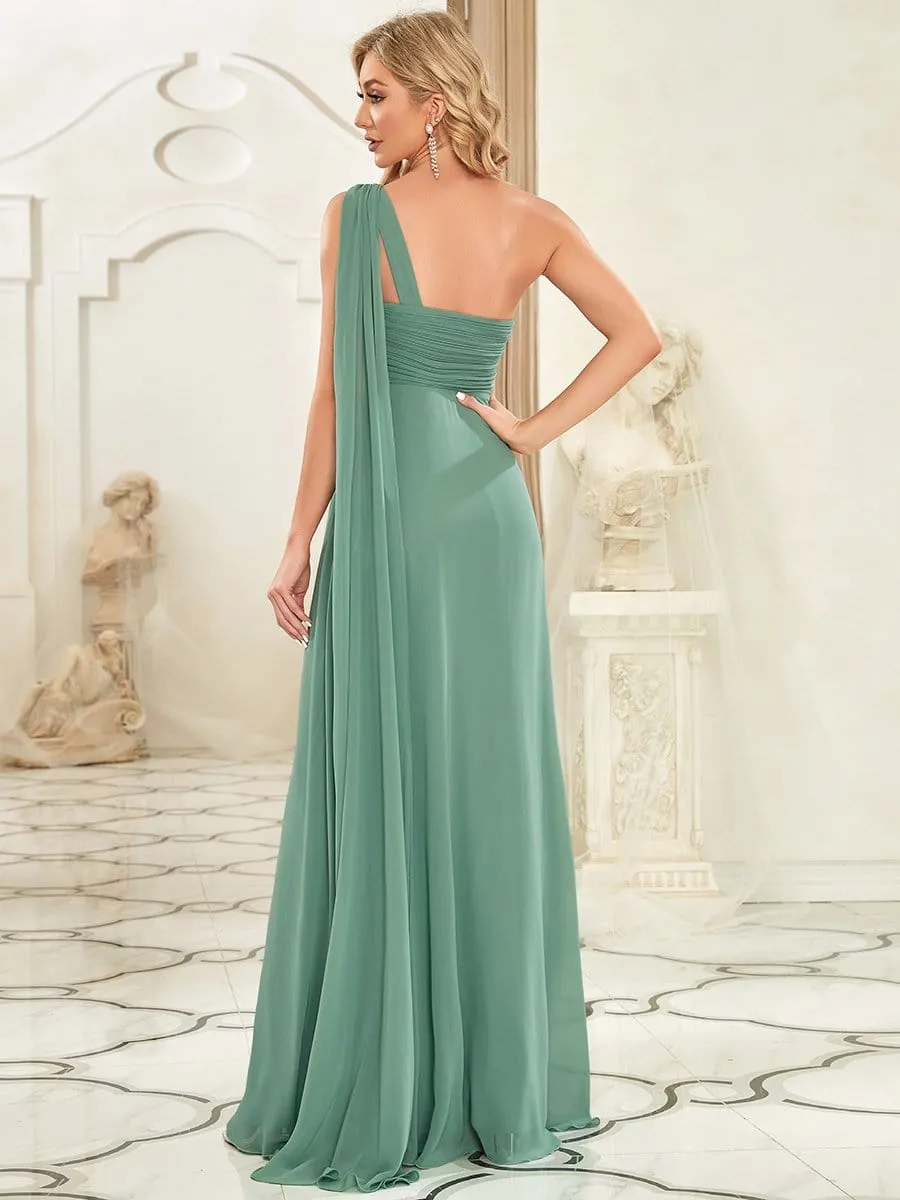 Pleated Chiffon One Shoulder Long Evening Dress