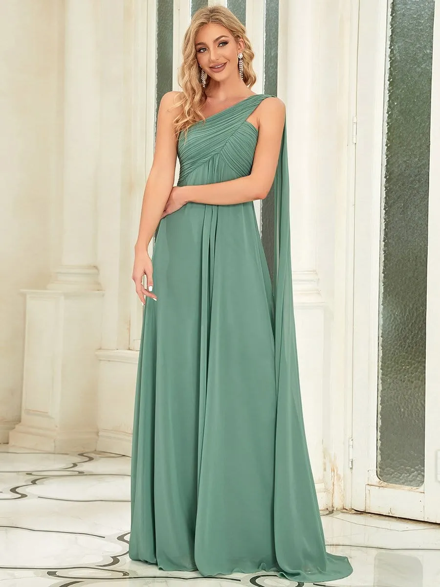 Pleated Chiffon One Shoulder Long Evening Dress