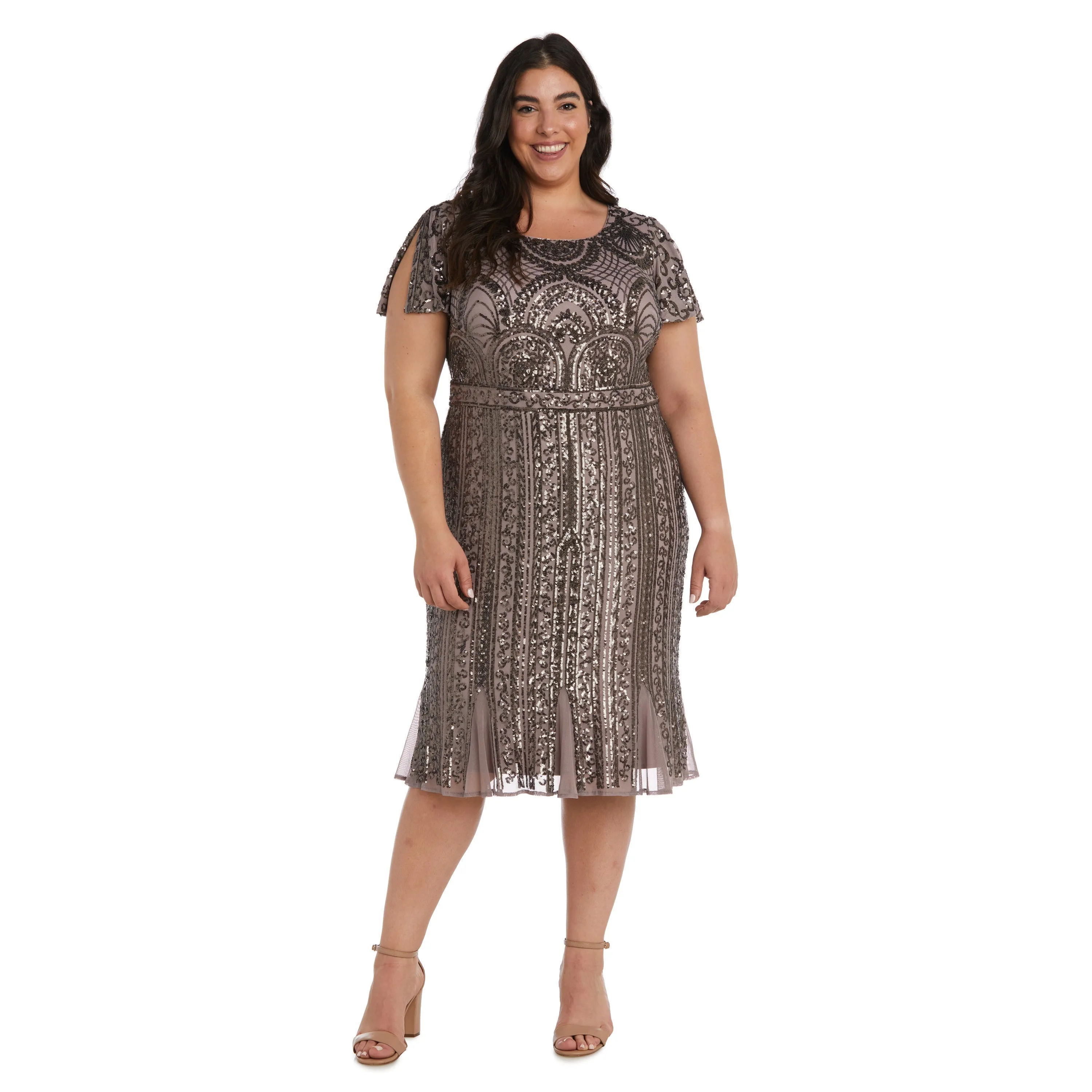 Plus Size Sequin Lace Tea Length Formal Dress - Plus Size Party Dress