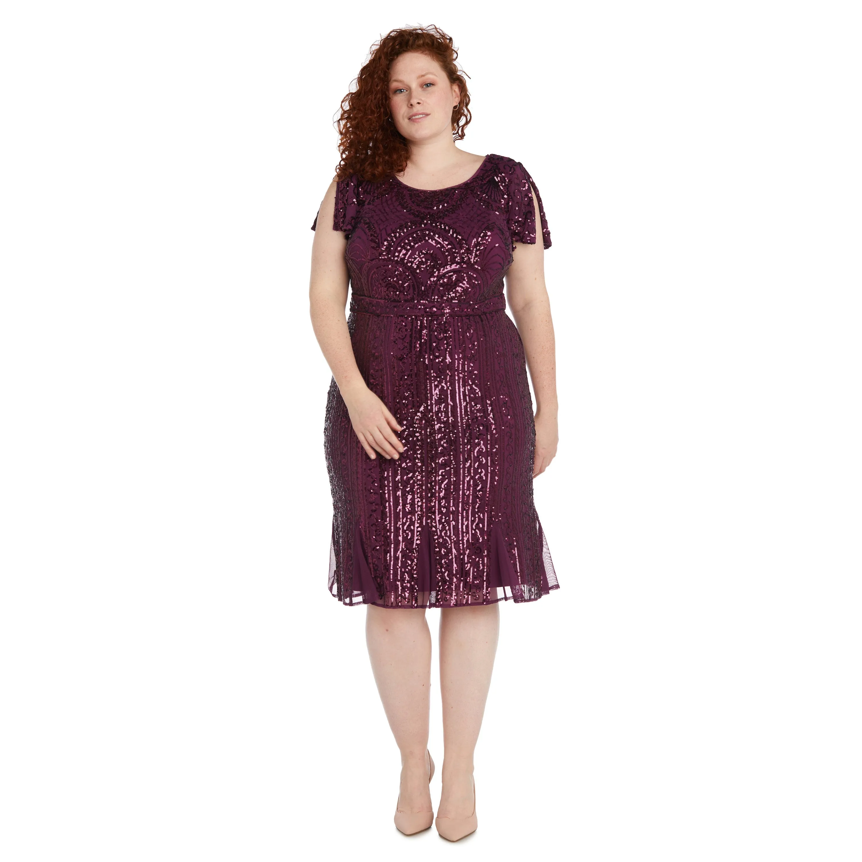 Plus Size Sequin Lace Tea Length Formal Dress - Plus Size Party Dress