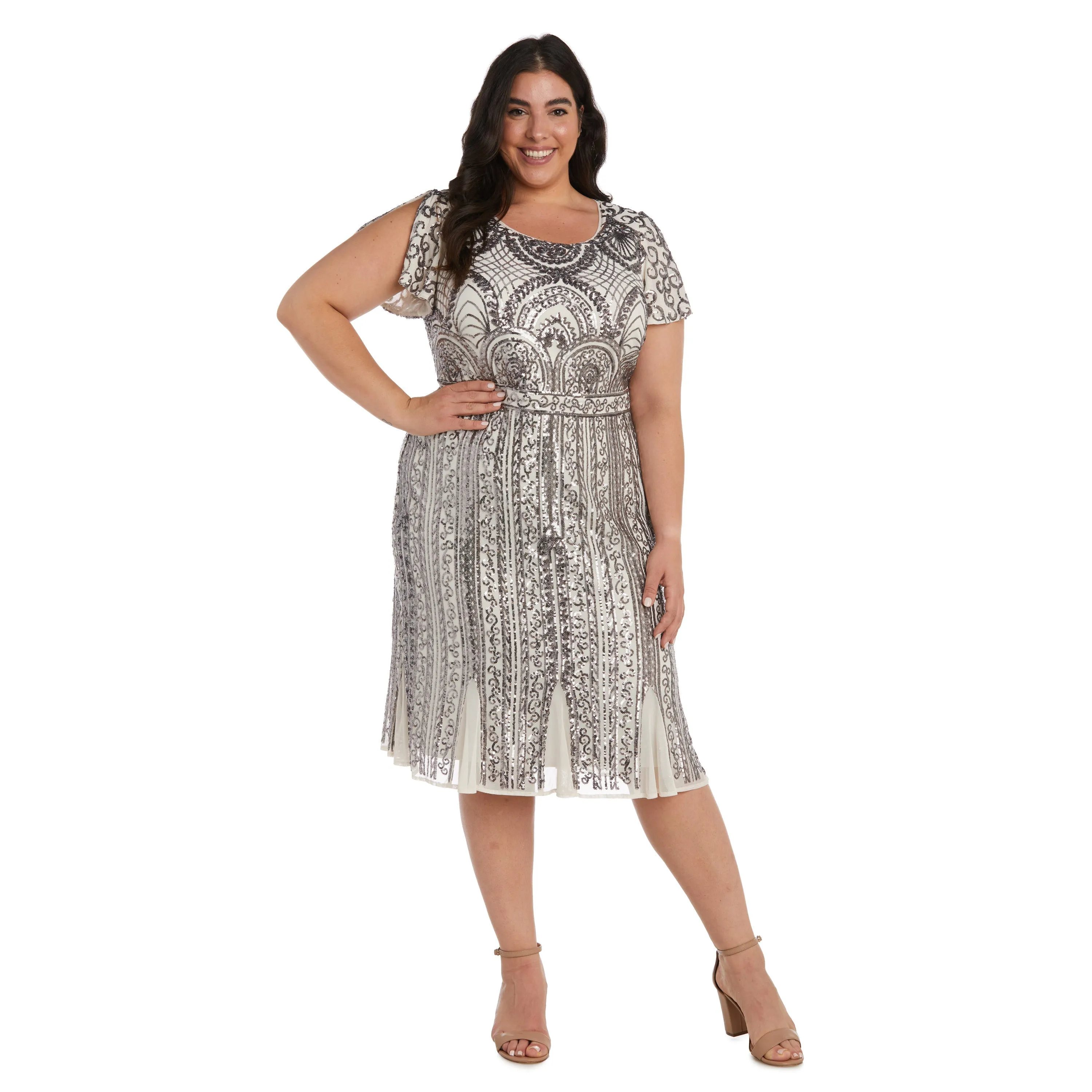 Plus Size Sequin Lace Tea Length Formal Dress - Plus Size Party Dress