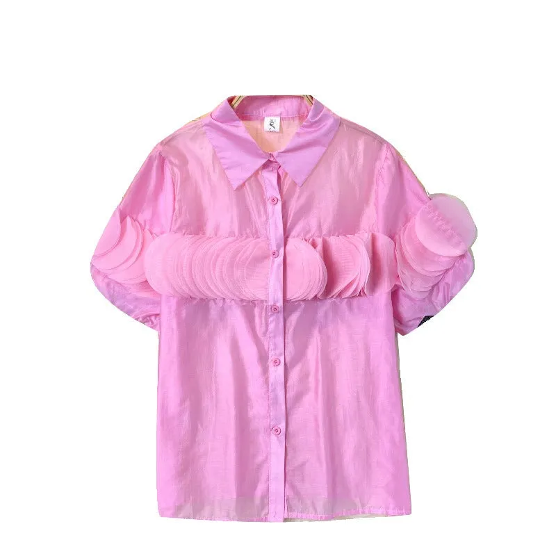 Pre Order:  Solid Chiffon Petal Patchwork Bubble Sleeve Shirt