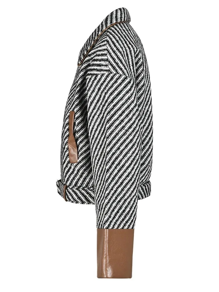 Pre Order:  Stripes Vegan Leather Spliced Woolen Jacket