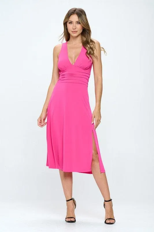 Renee C Deep V Neck Side Slit Lined Dress