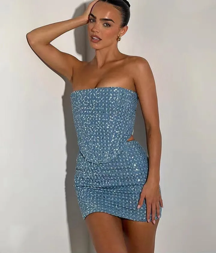 Spring Summer Denim With Hole Sequined Tube Top Set