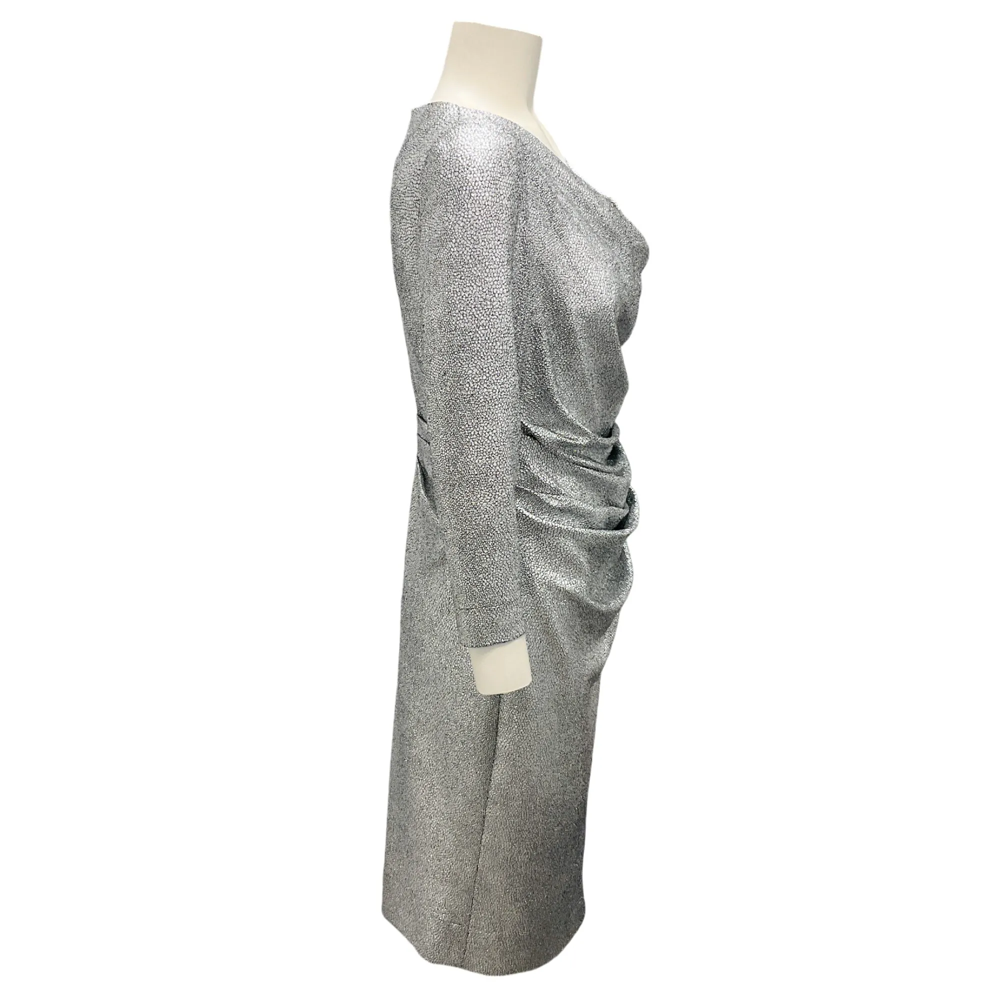 Talbot Runhof Silver Metallic Ruched Cocktail Dress