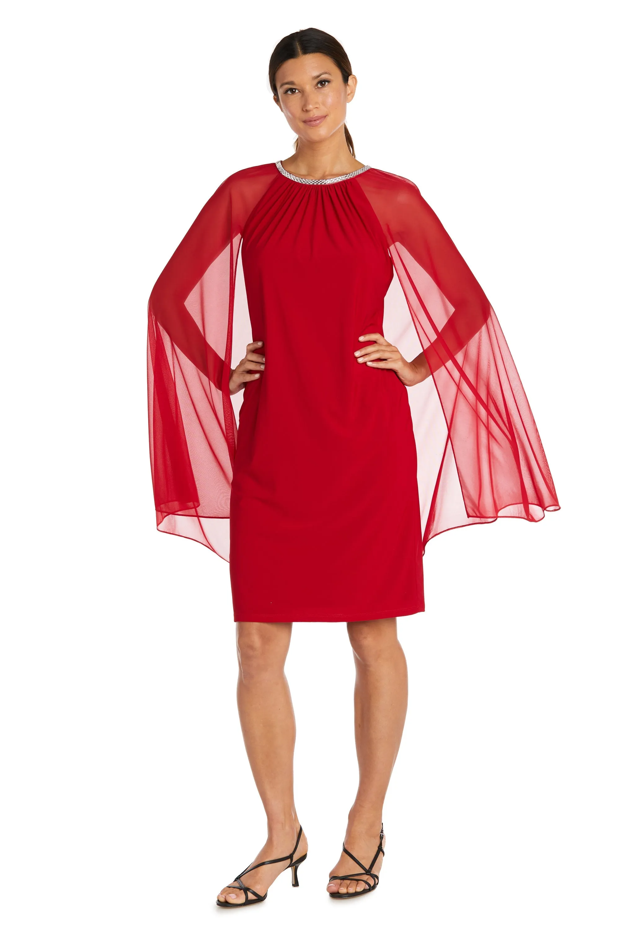 Women's Cape Knee Length Dress with Rhinestone Neckline