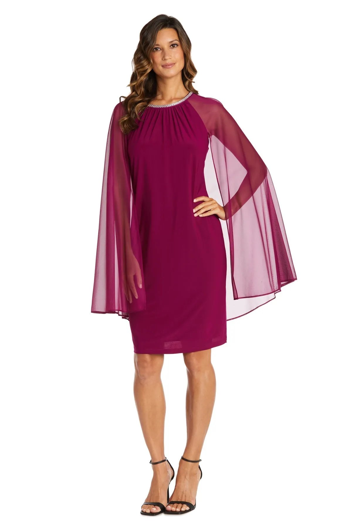 Women's Cape Knee Length Dress with Rhinestone Neckline