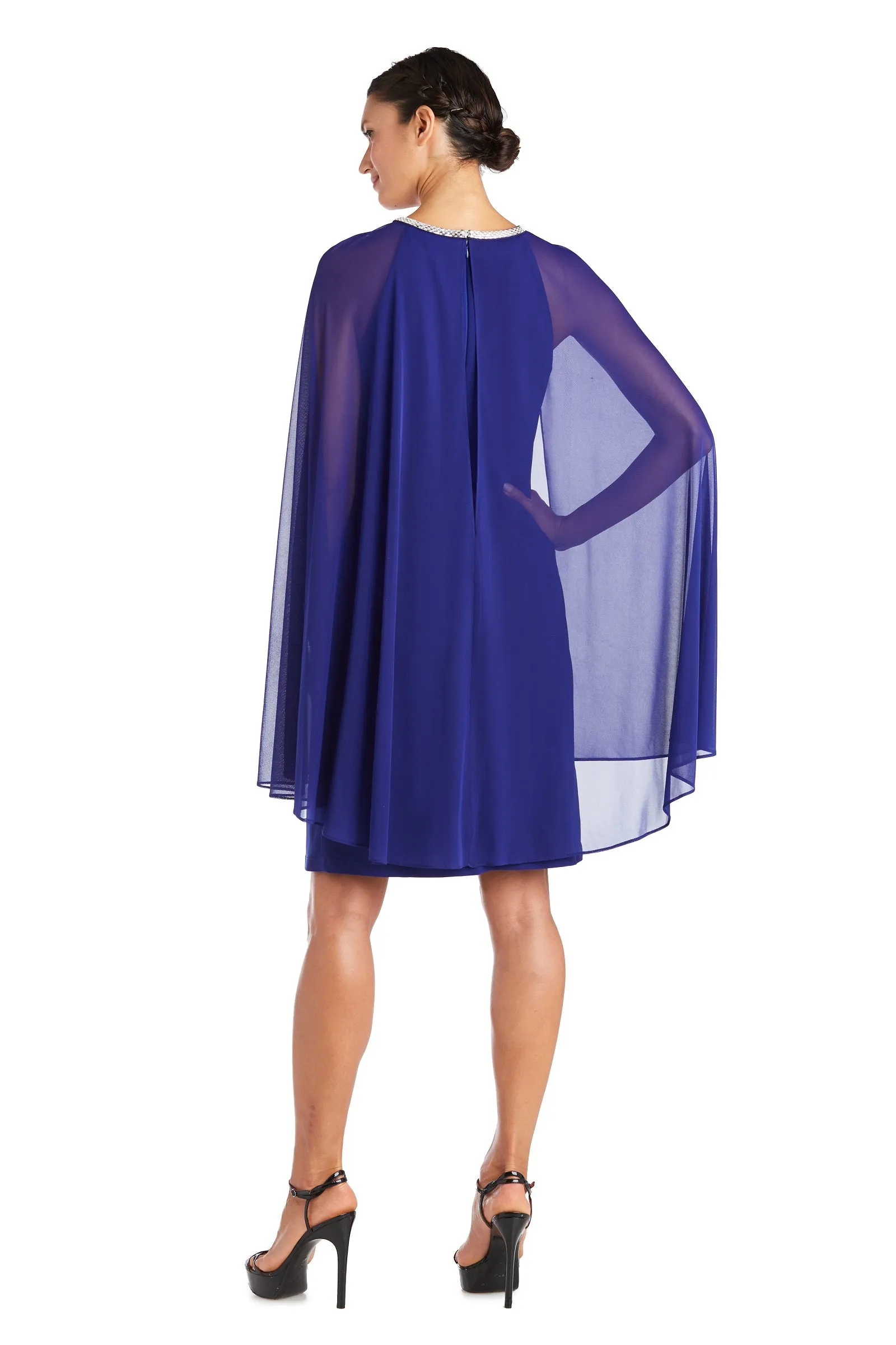 Women's Cape Knee Length Dress with Rhinestone Neckline