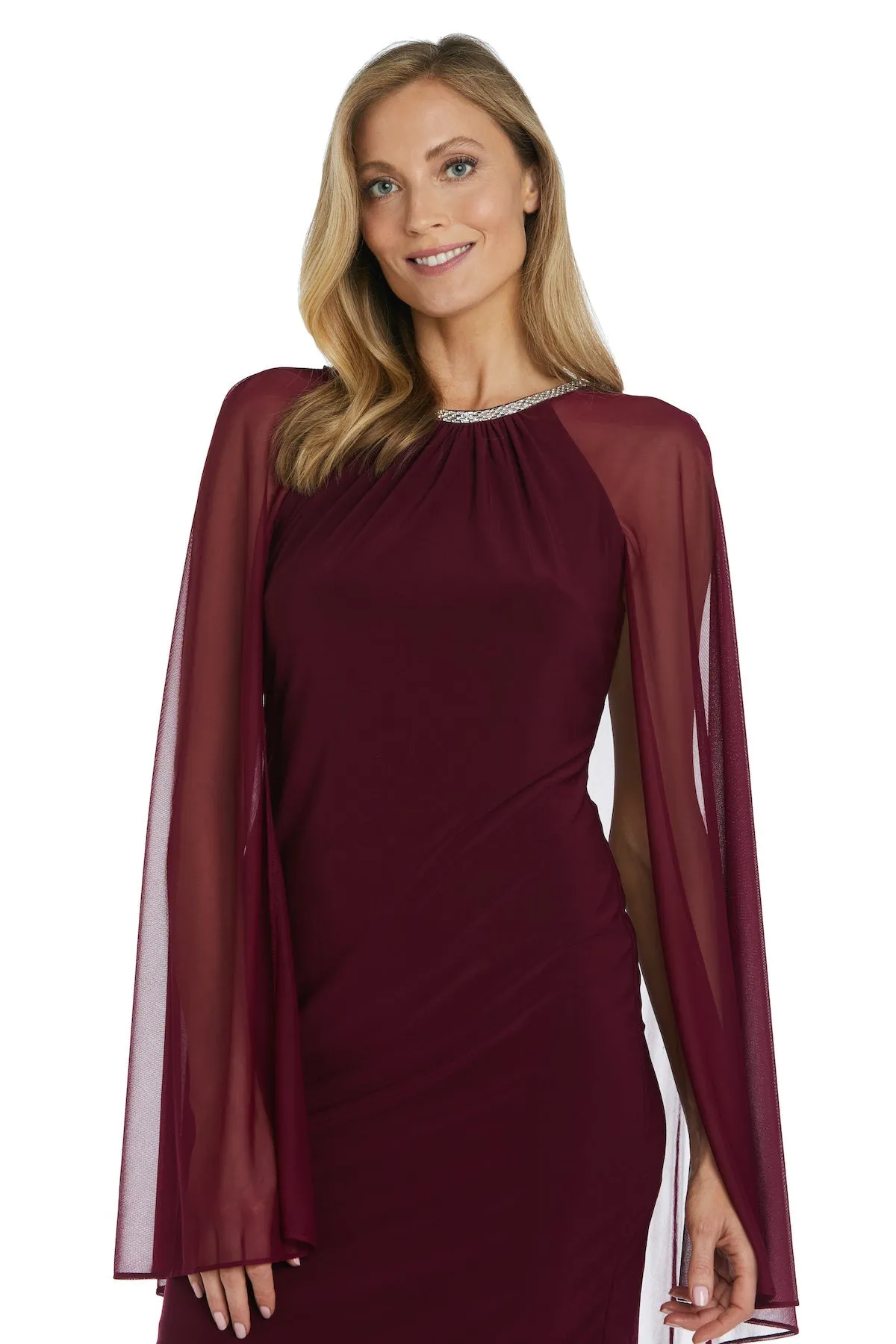 Women's Cape Knee Length Dress with Rhinestone Neckline