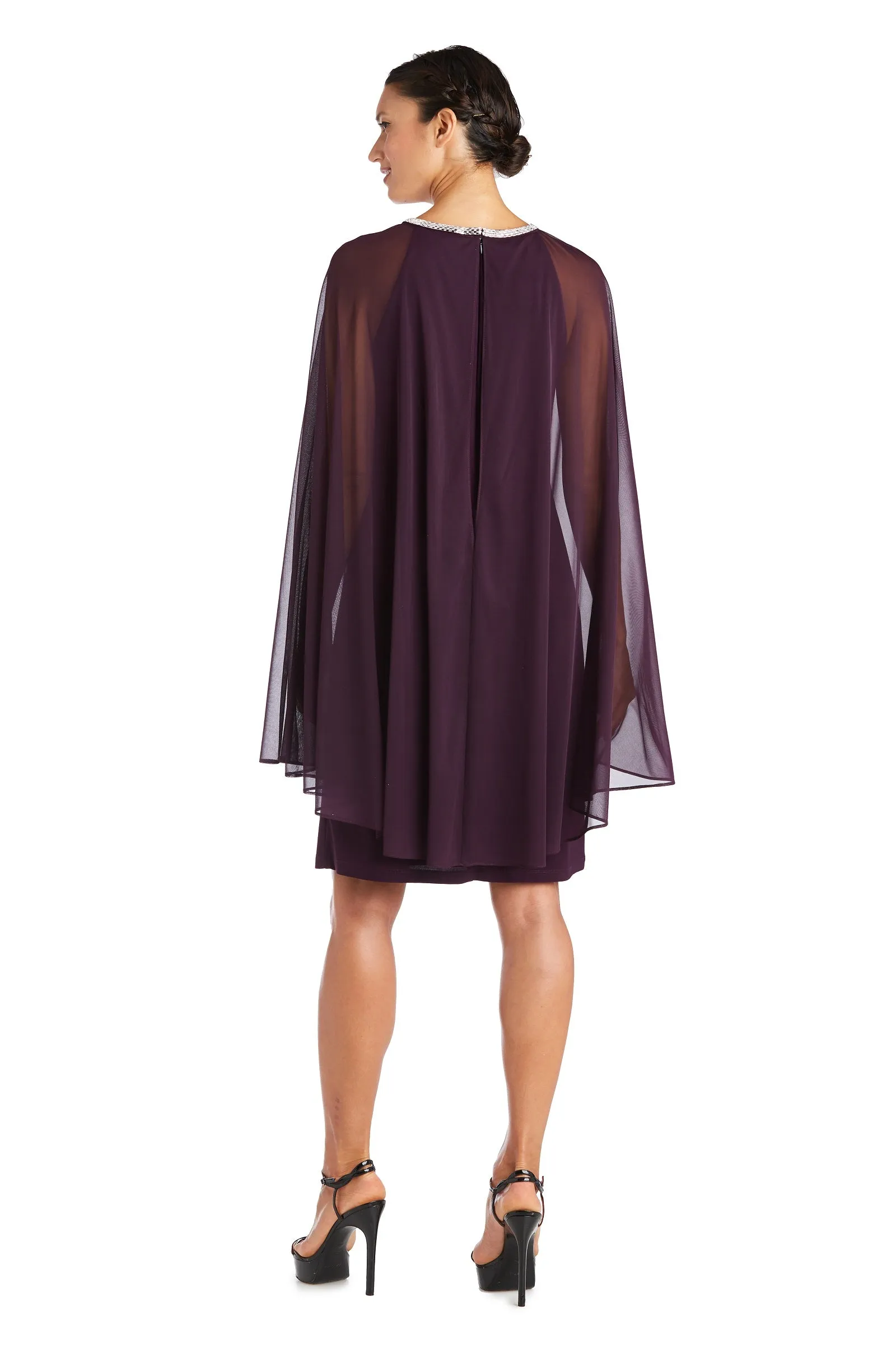 Women's Cape Knee Length Dress with Rhinestone Neckline