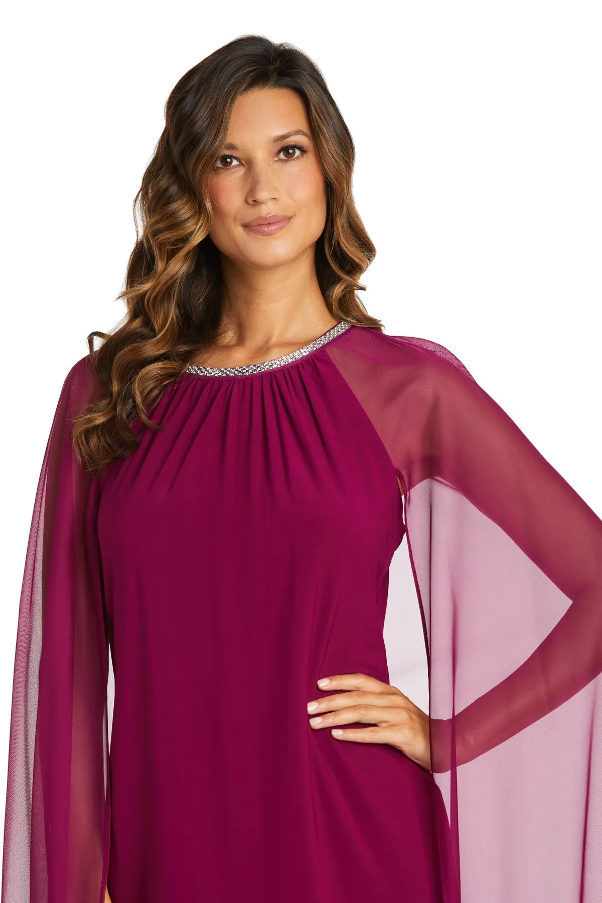 Women's Cape Knee Length Dress with Rhinestone Neckline