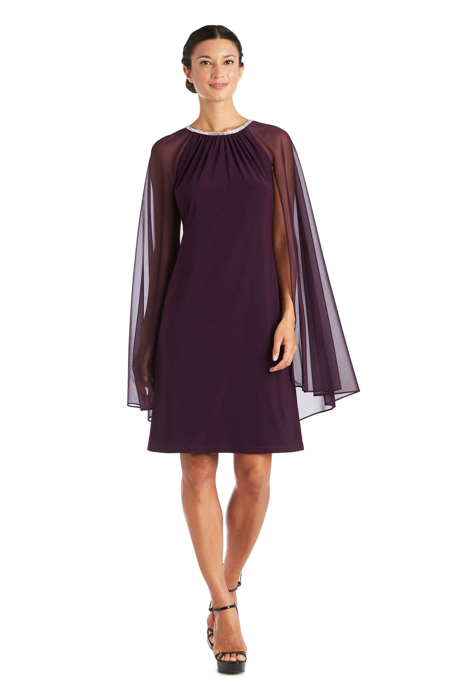 Women's Cape Knee Length Dress with Rhinestone Neckline